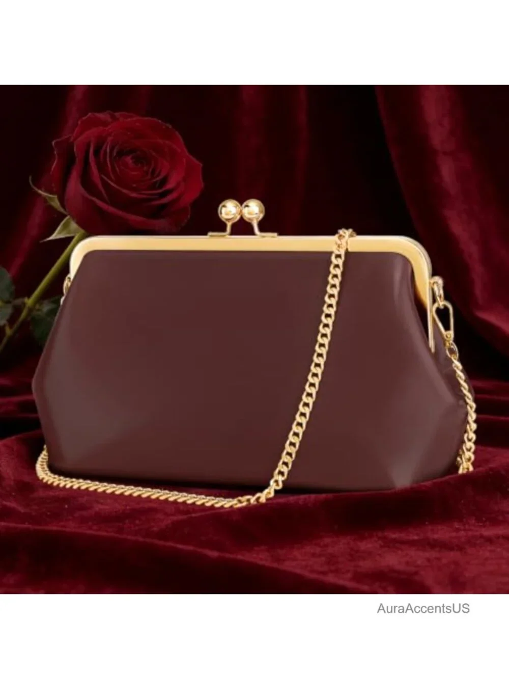 Women's Kiss Lock Evening Clutch Crossbody Bag PU Leather Gold Trim Handbag